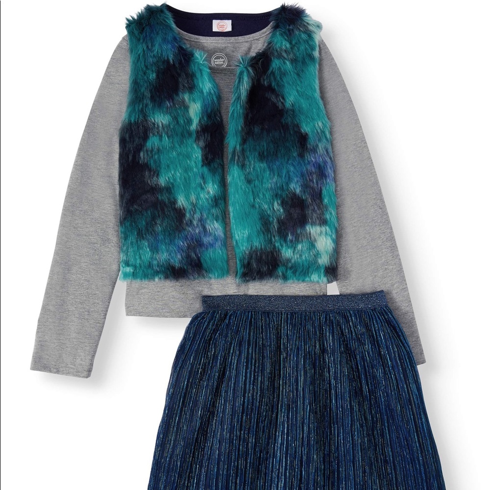 Wonder Nation Girls Faux Fur Vest, Long Sleeve Top and Glitter Tulle Skirt